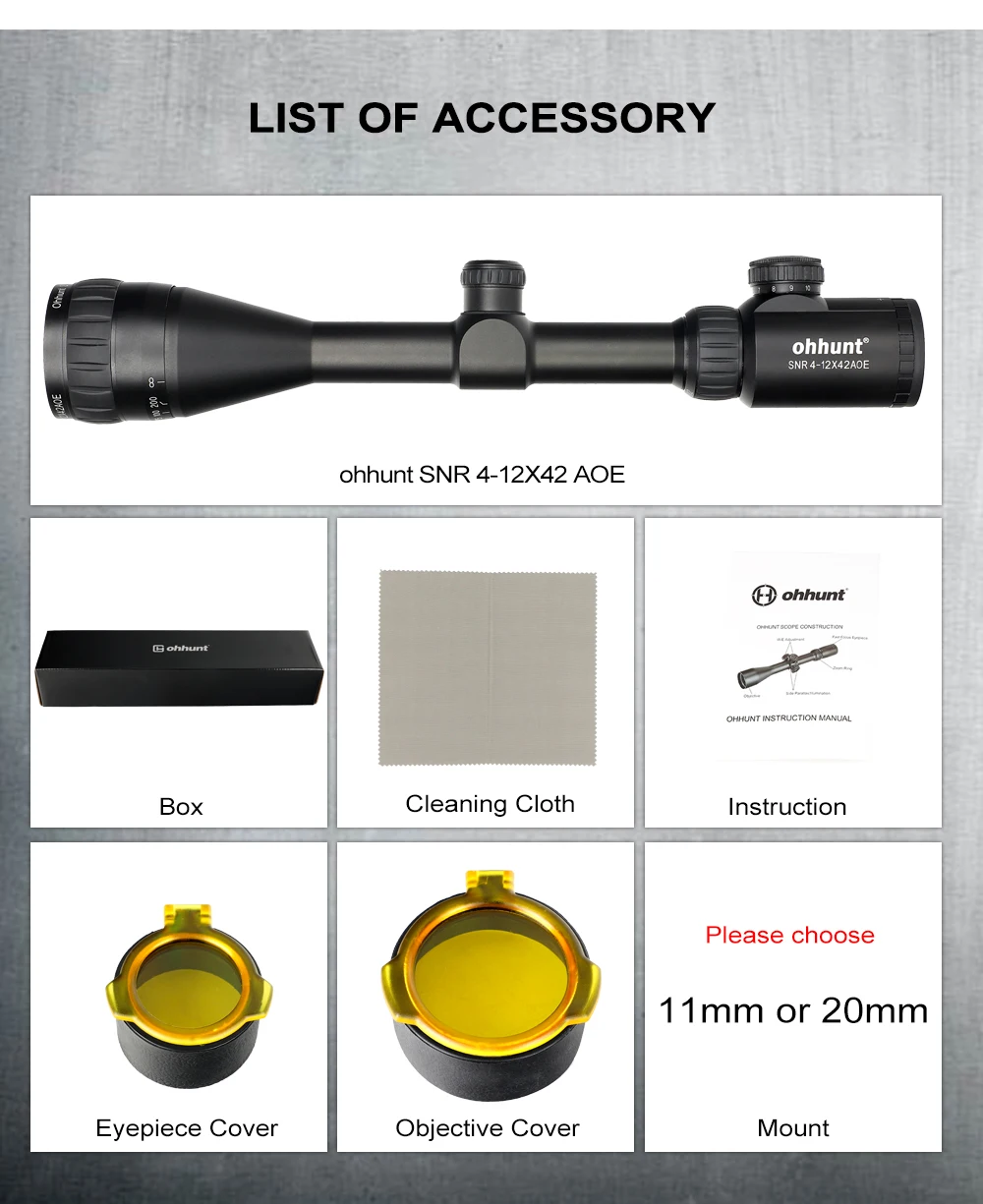 Охотничий прицел ohhunt SNR 4-12x42 AOE оптический с красной подсветкой и вытравленной