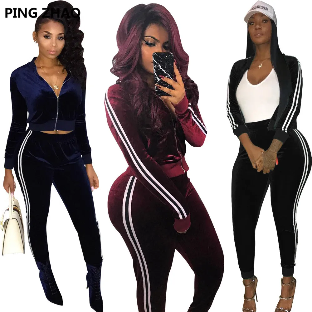 

PING ZHAO Velvet Sweatsuit Two 2 Piece Set for Women Fall Winter Fitness Outfits Zipper Jacket + Jogger Pants Tracksuit