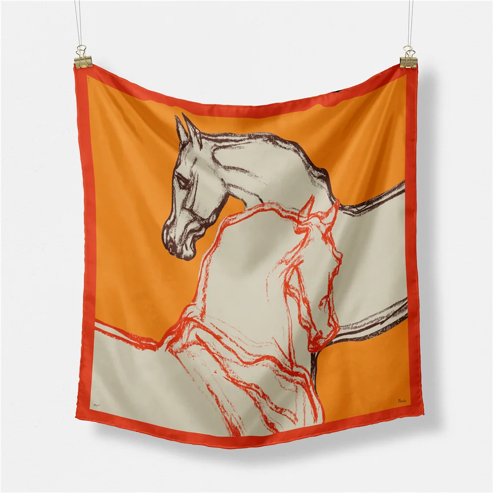 

53cm Brand Sketch Horse Square Scarf Woman 2021 Design Silk Scarf Women Bandana Luxury Headband Hijab Neckerchief
