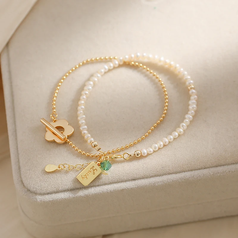 Женский браслет из двух частей элегантный классический с натуральным жемчугом и