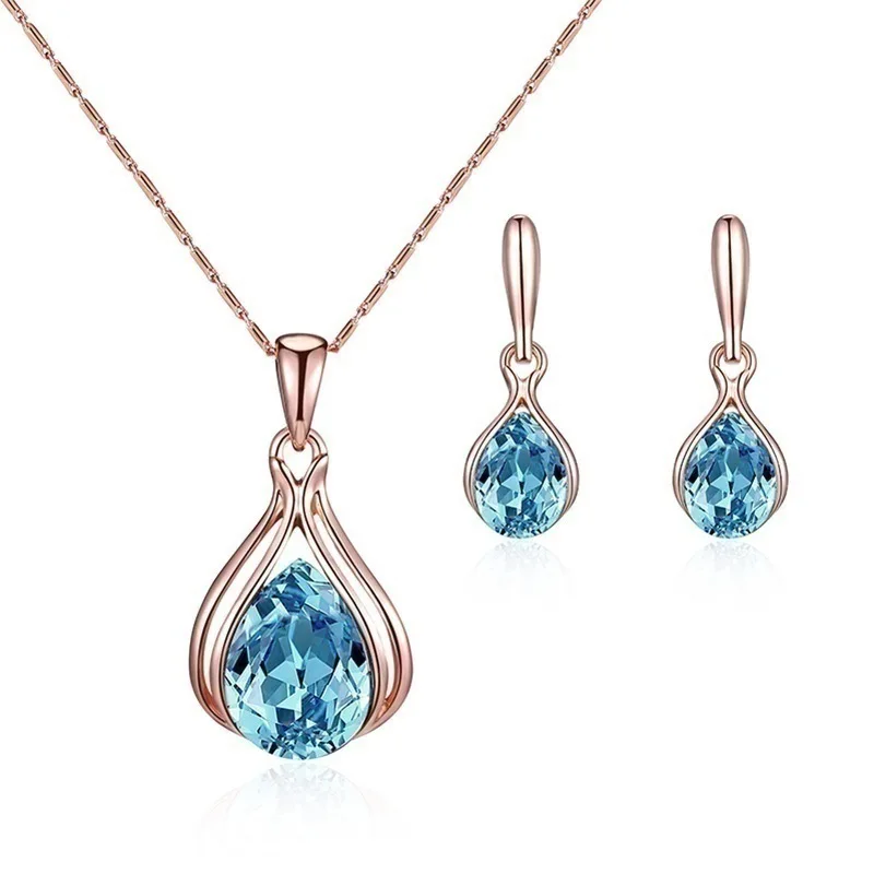 

2021 new fashion women's blue green water drop necklace earring set accessories