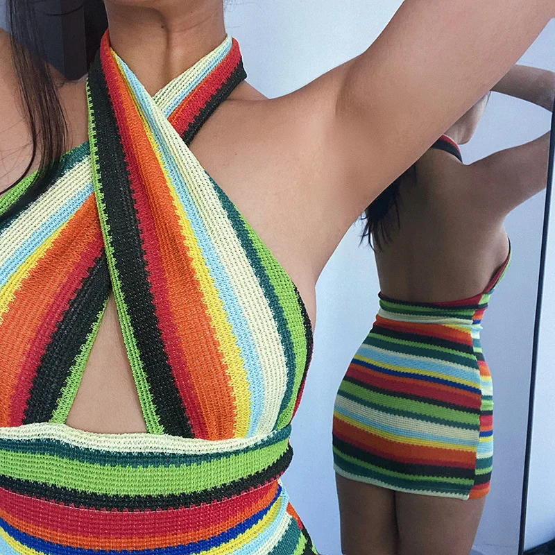 

2021 Two Ways To Wear Dresses Women Cross Bodycon Sexy Backless Halter Cross Camisole Knitted Striped Mini Party Night Dresses
