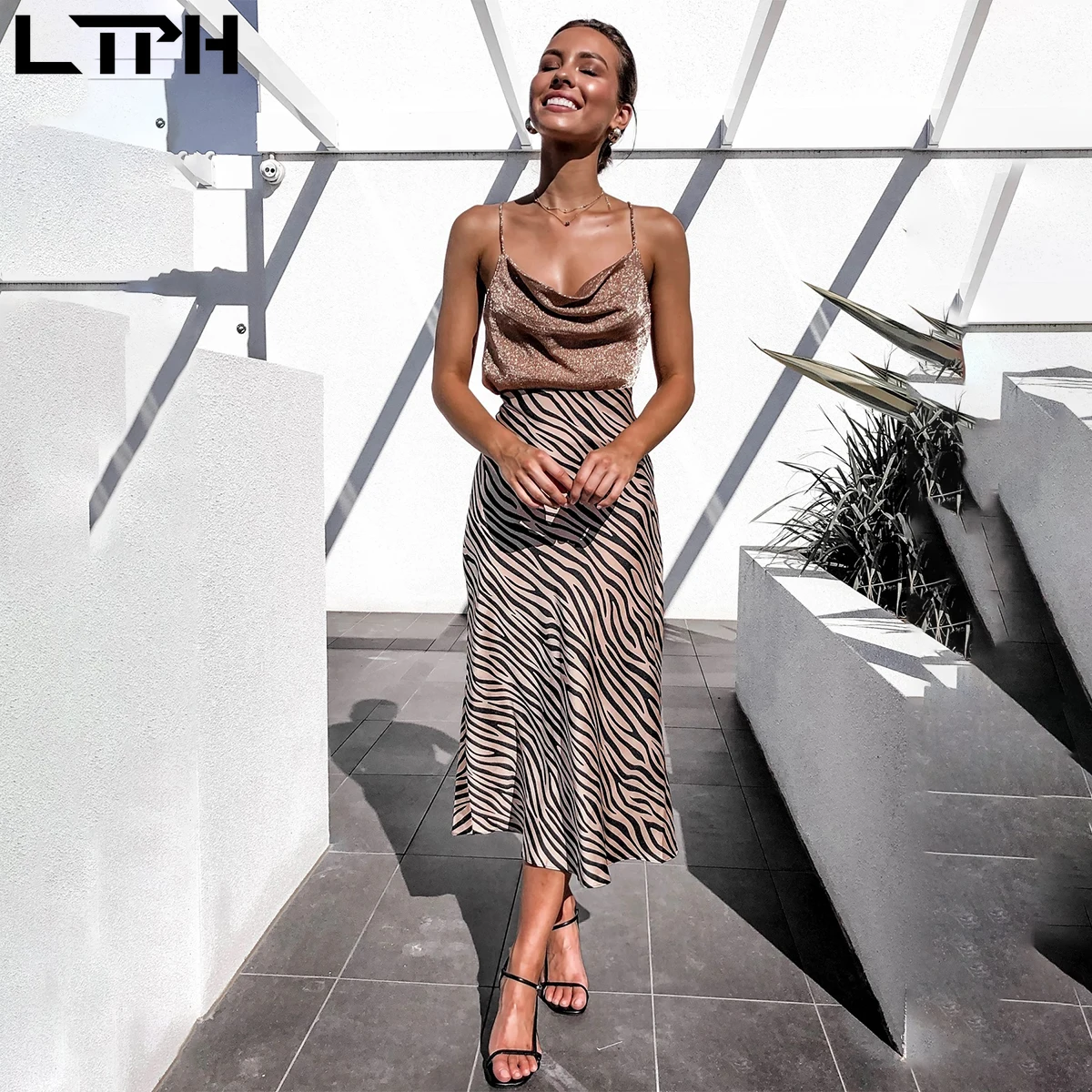 Женская юбка с принтом зебры Тонкая Повседневная средней длины высокой талией и