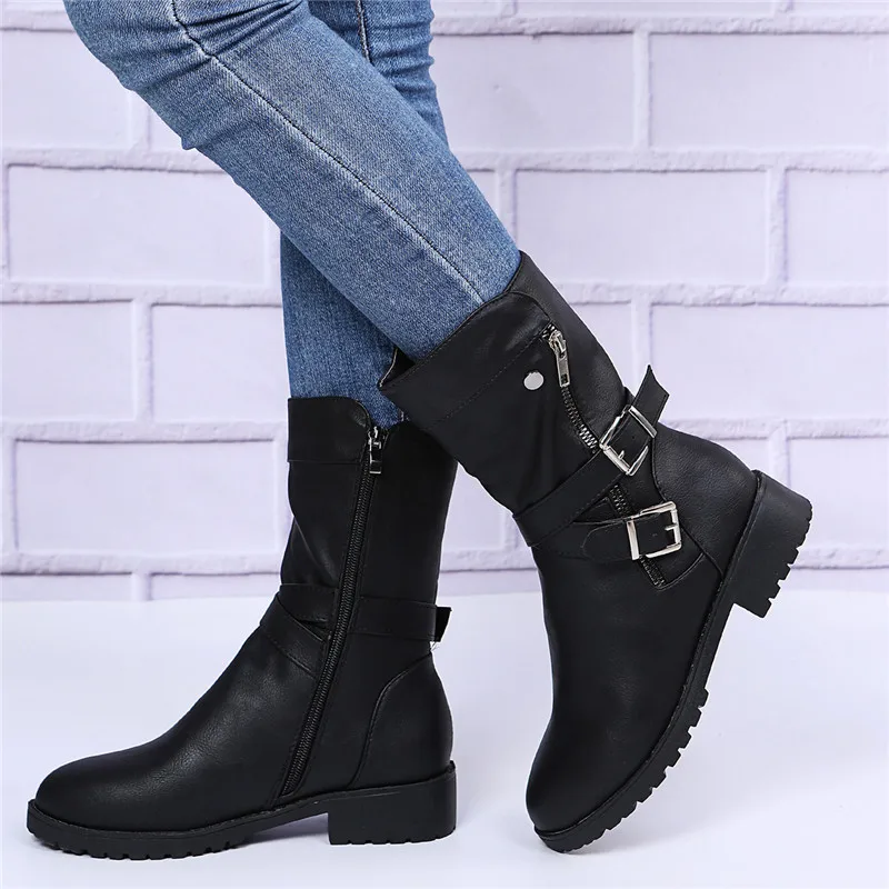 

Women Buckle Zip Boots Short Plush Shoes Ladies Mid-Calf Riding Boot Autumn Winter Female Square Heel Shoe Zapatos De Mujer 43