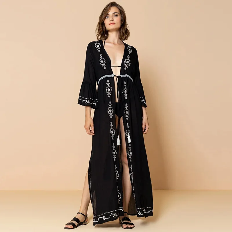 

SALEQI Beach Cover Ups New Rayon Black Floral Embroidery Bikini Swimsuit Femme Boho Beach Sunscreen Lace Up Bathing Suit