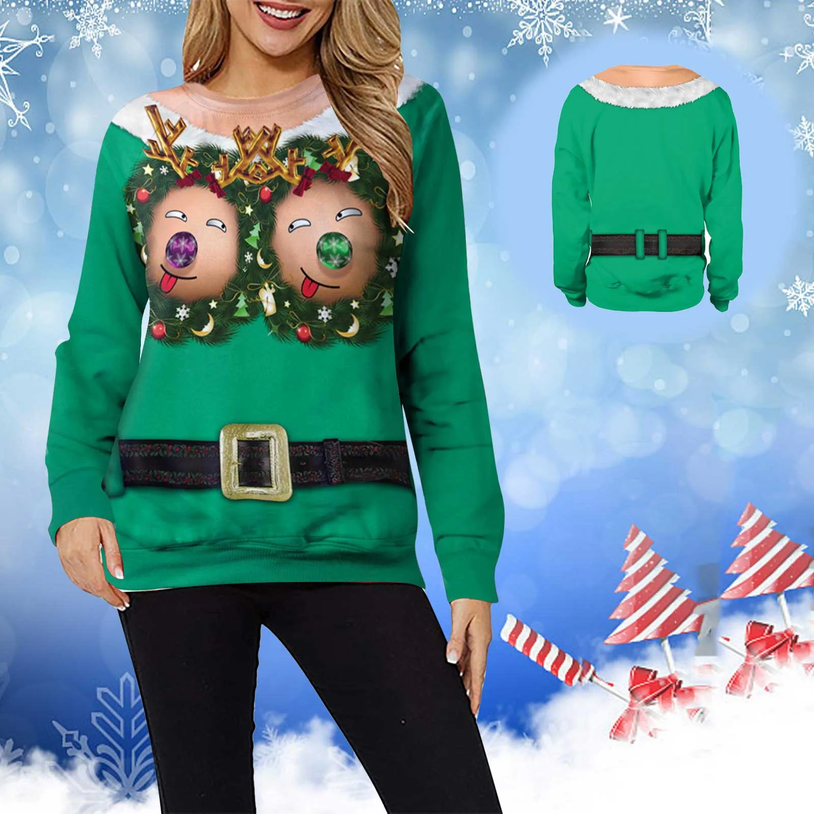 

Женские зимние толстовки, модный теплый свитшот с рождественским принтом и длинными рукавами, повседневные пуловеры, топы, смешные Мультяш...
