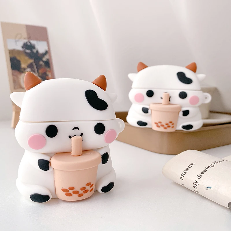 

Cute For AirPods 1 2 Pro Case Cartoon 3D Cow Cattle Milk Tea Box Soft Silicone Wireless Bluetooth Earphone Protect Cover Animal