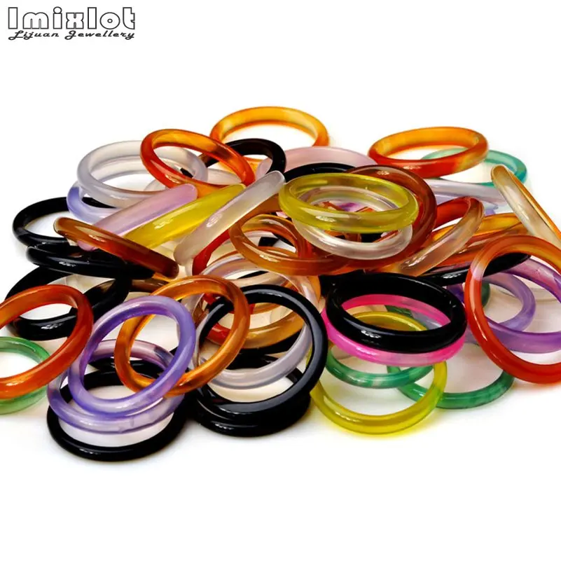 

20pcs Wholesale Ring Bulk Lots Jewelry Mixed Color Thin Natural Stone Ring Smooth Round Finger Rings Jewelry For Women Men