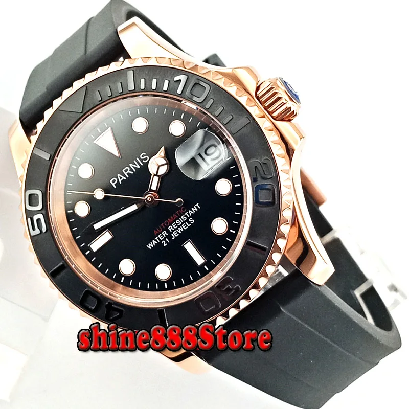 Мужские часы с черным циферблатом Parnis 41 мм сапфировое стекло со светящимися