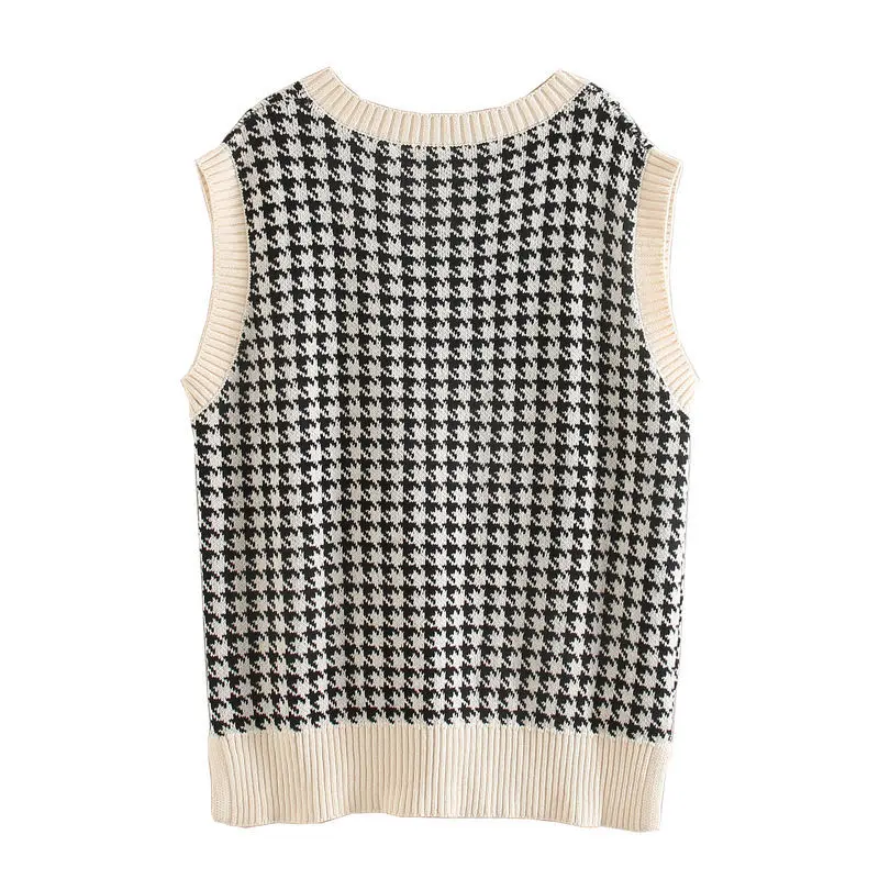 

Korean Color Matching Houndstooth Jacquard V-neck Sweater Vest Women Loose And Versatile Sleeveless Knitted Waistcoat Waistcoat