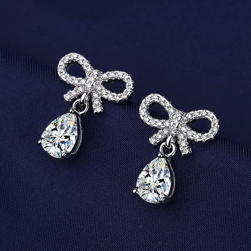 

New Trendy Romantic Bowknot Drop Shape Design Girl Earrings With Brilliant Cubic Zircon Stone Simple Tiny Women Earrings