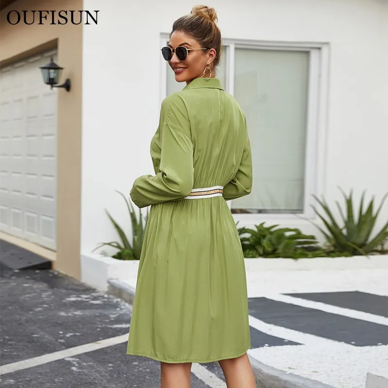

2020 New Vintage Elagant Women Mini Shirt Dress Casual Long Sleeve Hight Waist Dress Turndown Collar Button Up Female Dresses