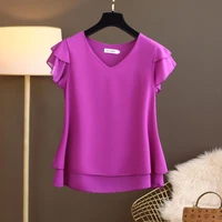 eu station chiffon shirt short sleeved womens summer new v neck loose fitting large size top cover stomach casual bottom shirt