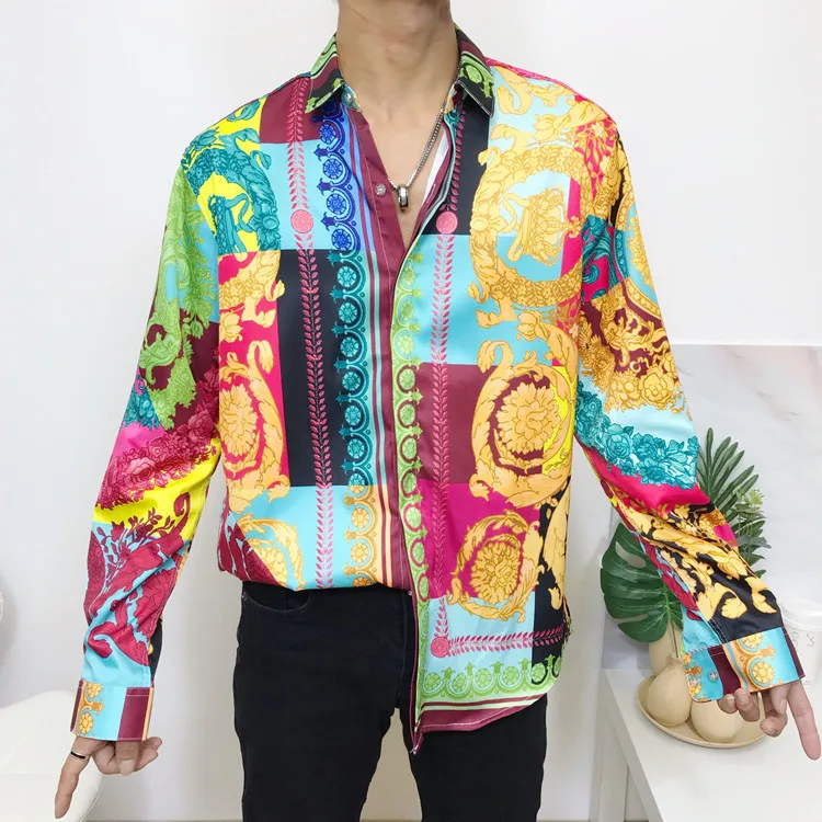 Personalized Retro Printed Shirt For Men 2021 Spliced Color Baroque Luxury Shirt Fashion Long Sleeve Hip Hop Party Stagewear