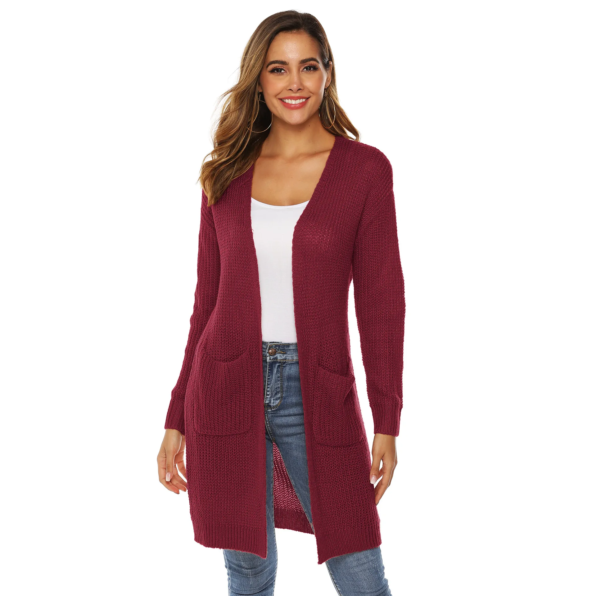 KALENMOS Женская мода осень зима средней длины трикотажные кардиганы женские