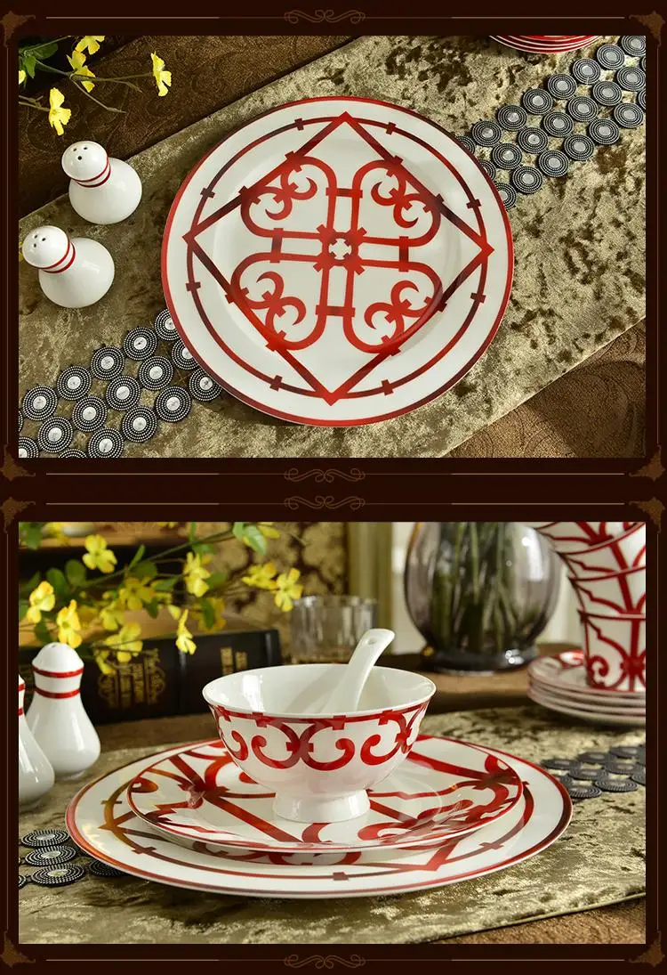 

43PCS European Red Dinner Set Porcelain Kitchen Accessories Tableware Serving Plate Luxury Bone China Wedding Housewarming Gift