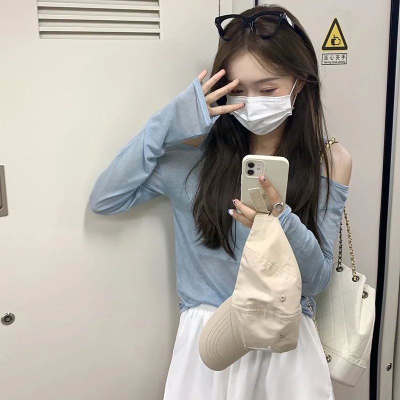 Футболка женская с открытыми плечами и длинным рукавом тонкая Солнцезащитная