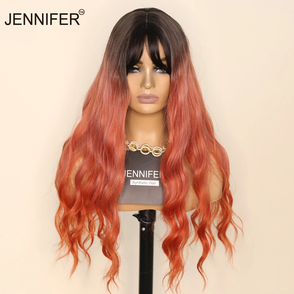 

Синтетические парики с градиентом молочного чая/кораллового/оранжевого цвета, длинные волнистые с челкой, парики для женщин, из термостойк...