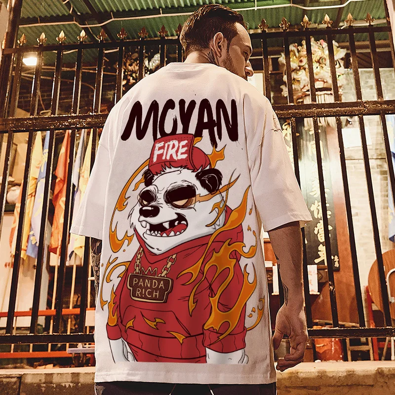 

2021 new national tide panda t-shirt fat male tide ins short-sleeved tide brand loose summer large size five-point half sleeve