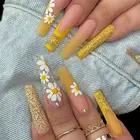 24 шт. гробные накладные ногти съемные желтые градиентные Цветочные наклейки балерины накладные ногти для дизайна ногтей длинные золотые блестящие накладные ногти