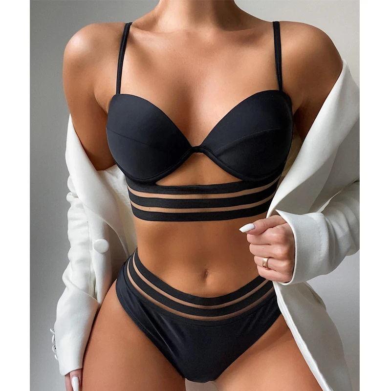 

Mossha 2021 Sexy push up swimsuit women's swimming suit Black underwired bikini set Hollow out bathing suit High waist swimwear