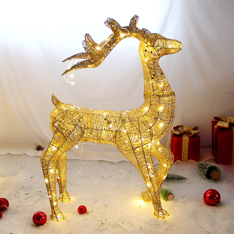 

120cm wrought iron golden deer cart with LED lights, shiny flashing elk statuette, flashing sequined reindeer figurine navidad