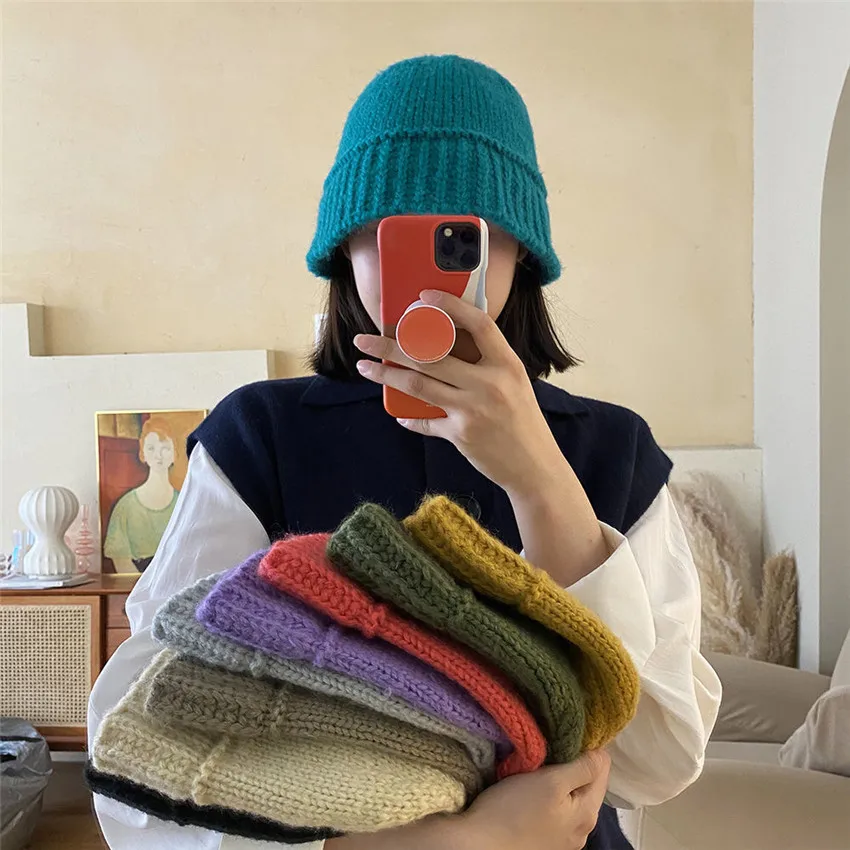 Colorful Knitted Hat for Women Bucket Warm All-Match Fashion High Quality Soft Without Eaves Autumn Dome Japanese Korean Style