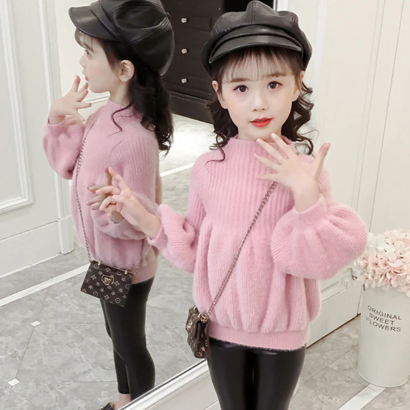 

Girl Sweater Kids Outwear Tops 2021 Pink Red Fleece Thicken Warm Winter Autumn Knitting Christmas Pullover Children Clothing