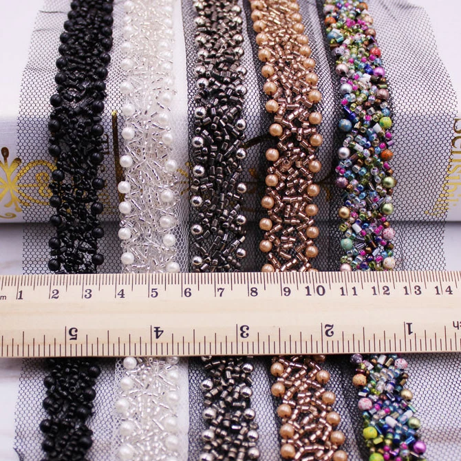 10 ярдов ручной работы белый черный серый бисер кружевной отделкой лента-сетка