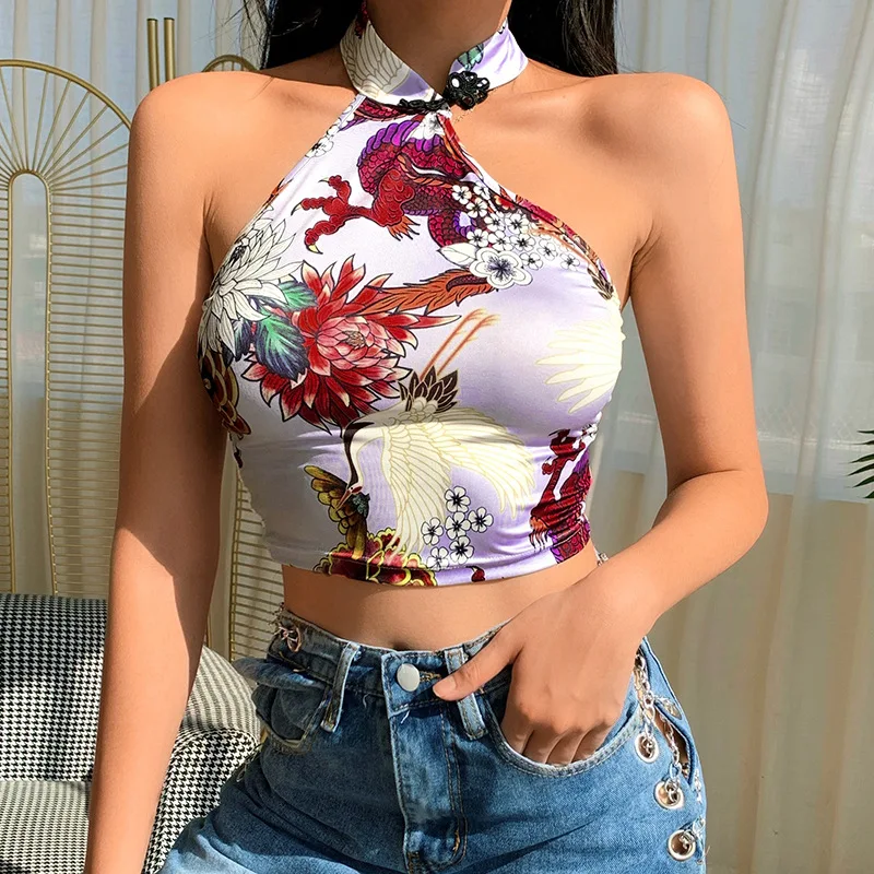 

Fashion Ladies Chinese Style Tops Dragon Floral Tee Backless Sleeveless Neck Buckle Slim Sexy Summer Streetwear Crop Top Tank