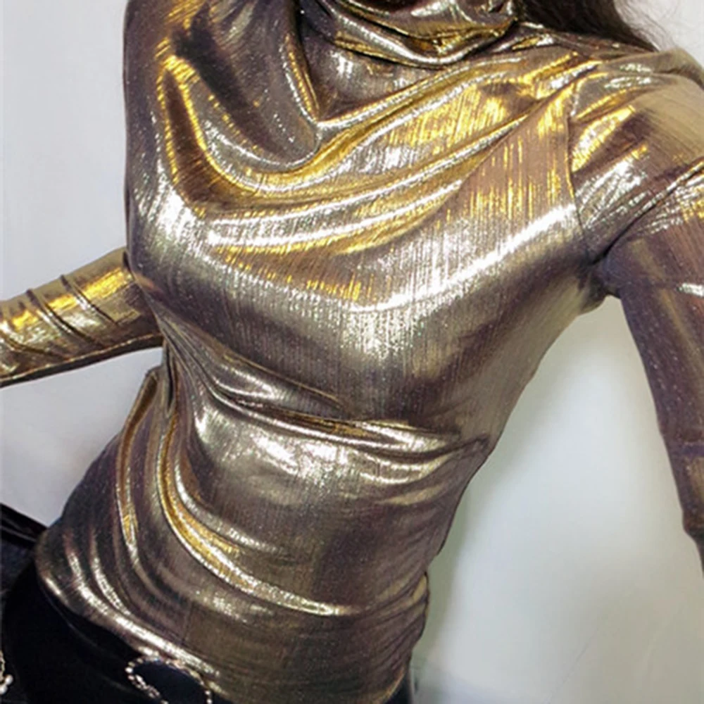 Блестящая Женская водолазка топ Осенние яркие облегающие Топы с длинным рукавом