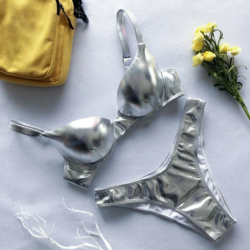 Women Sexy 2 Piece Brazilian Bikini Set Reflective Shiny Metallic Swimsuit Push Up Underwire High Cut Bathing Suit Beachwear | Женская