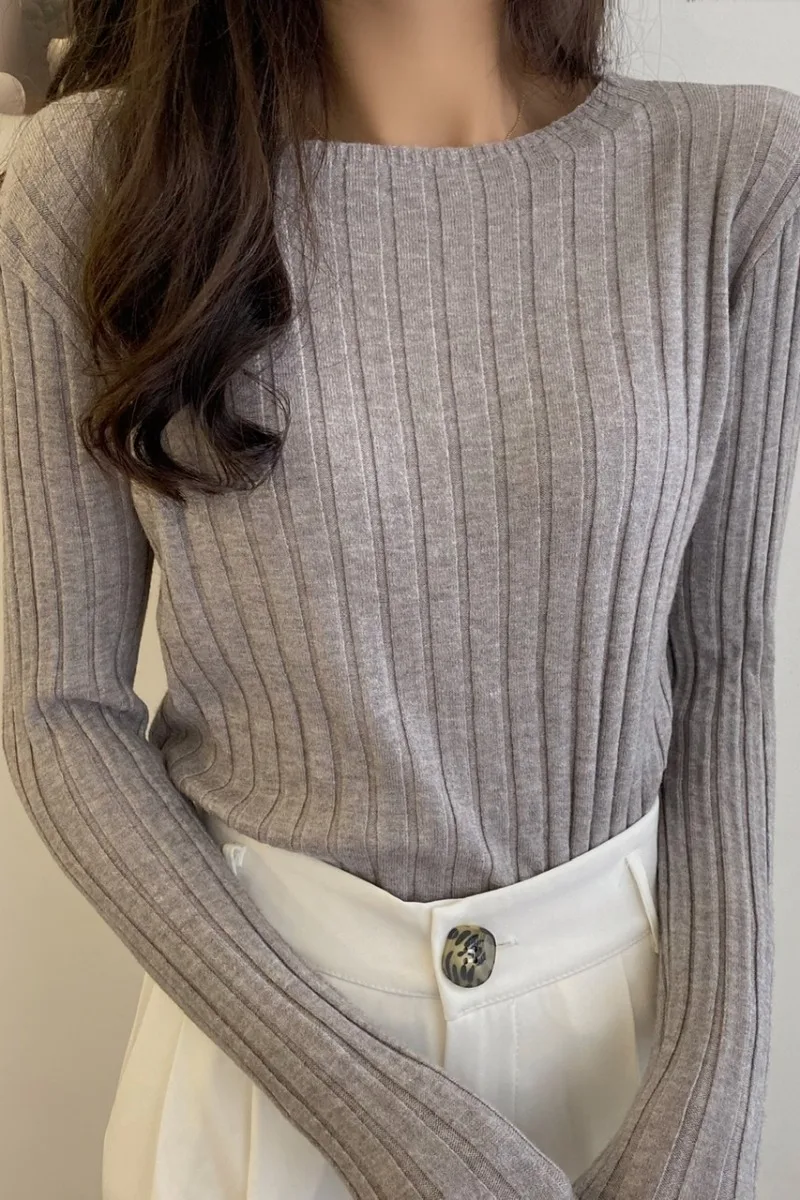 

Autumn new Korean style round neck long sleeve knitted underlay shirt loose and versatile Pullover solid color sweater for women