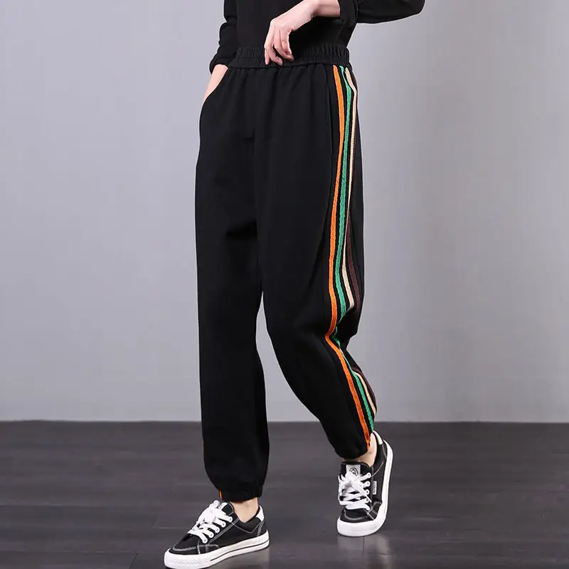 

Зимние утолщенные женские шаровары размера плюс, хлопковые спортивные штаны, женские осенние свободные штаны в полоску с высокой талией, Ка...