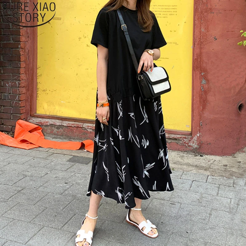 

2022 Women Short Sleeve Dresses Summer Fake Two Piece Dress Casual Patchwork Print Ladies Long Sleeve T-Shirt Dress 13346