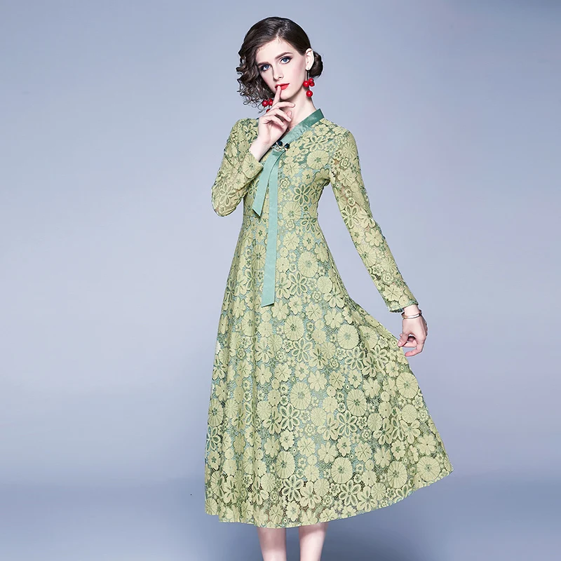 Европейское американское зеленое кружевное платье с вышивкой вечерние Howllow