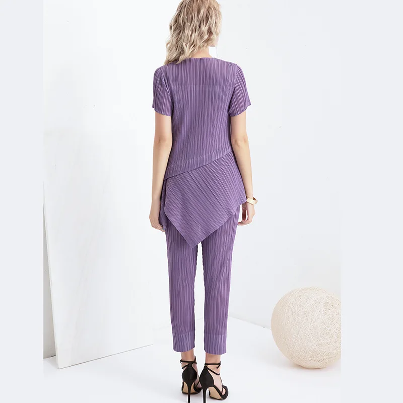 Pant Suits Women's Summer Elastic Miyake Pleated Two Piece Set Round Neck Short Sleeved Irregular Top + Split Straight Trousers