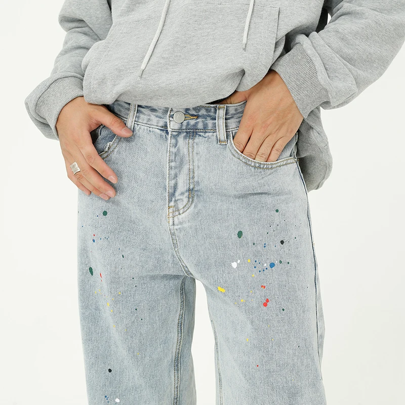 

IEFB Men's Splash Paint Blue Jeans Straight Loose Vintage Casual Korean Fashion Denim Trousers Male Wear 2021 New Clothes 9Y4915