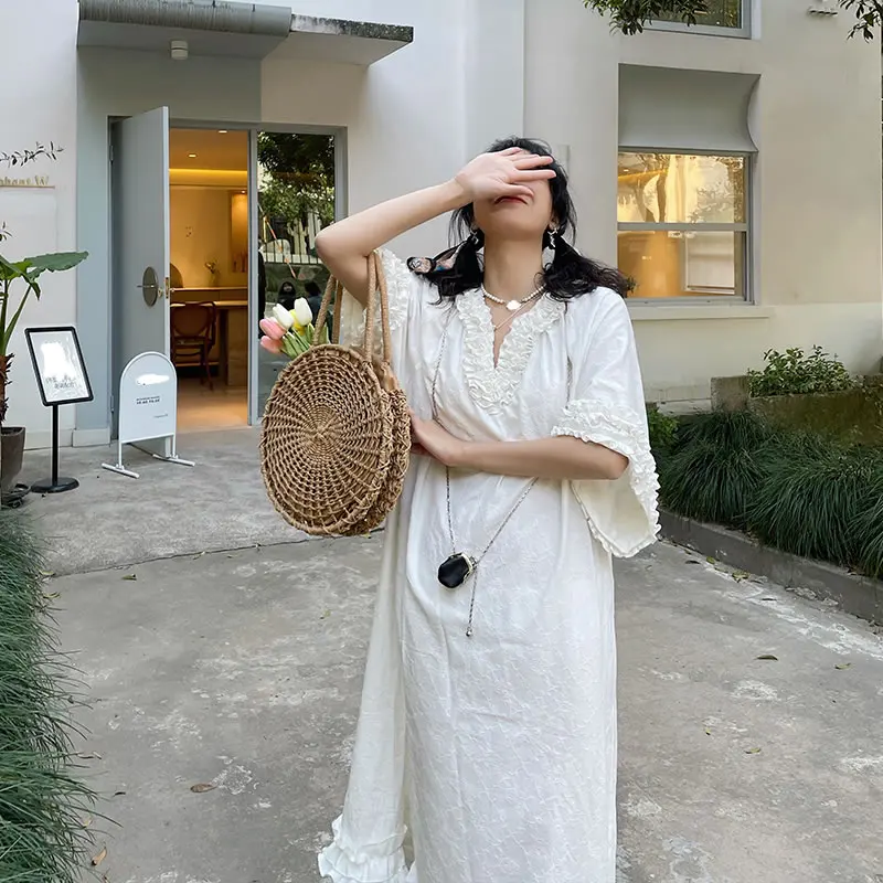 

XITAO Sweet Edible Tree Fungus Solid Dress 2021 Summer New Personality Fashion Casual Loose Sense of Design V-neck Dress WMD0509