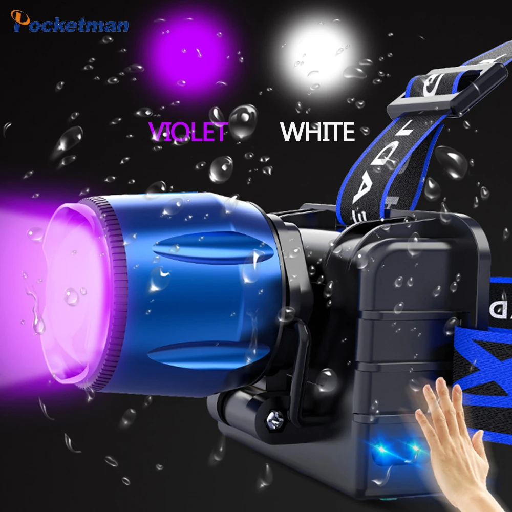 УФ Фиолетовый фары 6000LM 18650 Батарея Питание головной светильник фонарь 3-модель USB