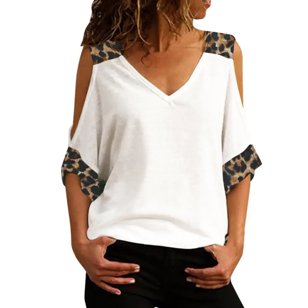 

Summer Women Off Shoulder Tops Fashion Half Sleeve V Neck Cold Shoulder Leopard Patchwork T-shirt Blouse Casual Female Clothing