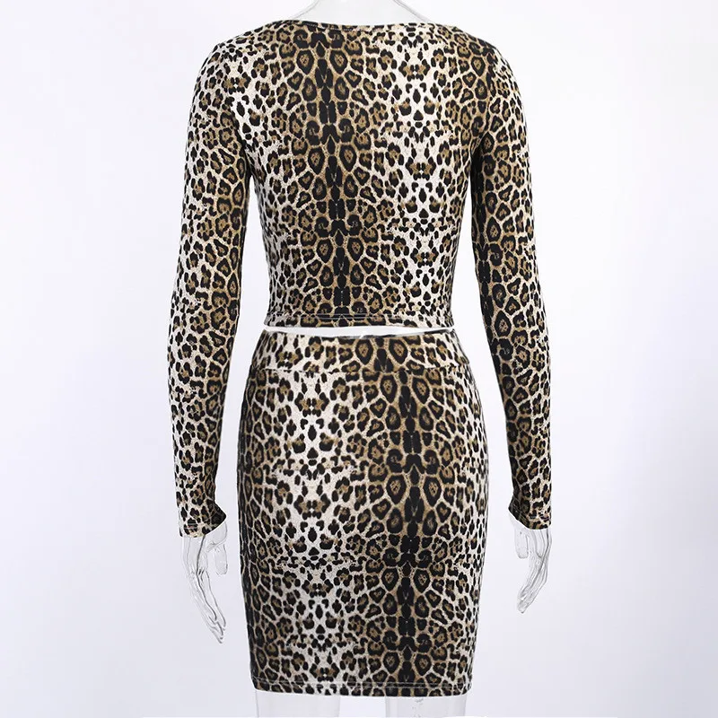 Hugcitar leopard print long sleeve with gloves sexy crop top skirt 2 pieces set autumn winter women streetwear outfits