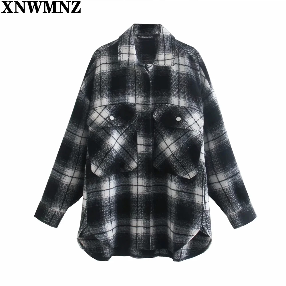 

XNWMNZ Za Women check Overshirt Lady Long sleeves pockets Plaid Shirt Coat Checked Overshirt Jacket Ladies Loose Outerwear 2021