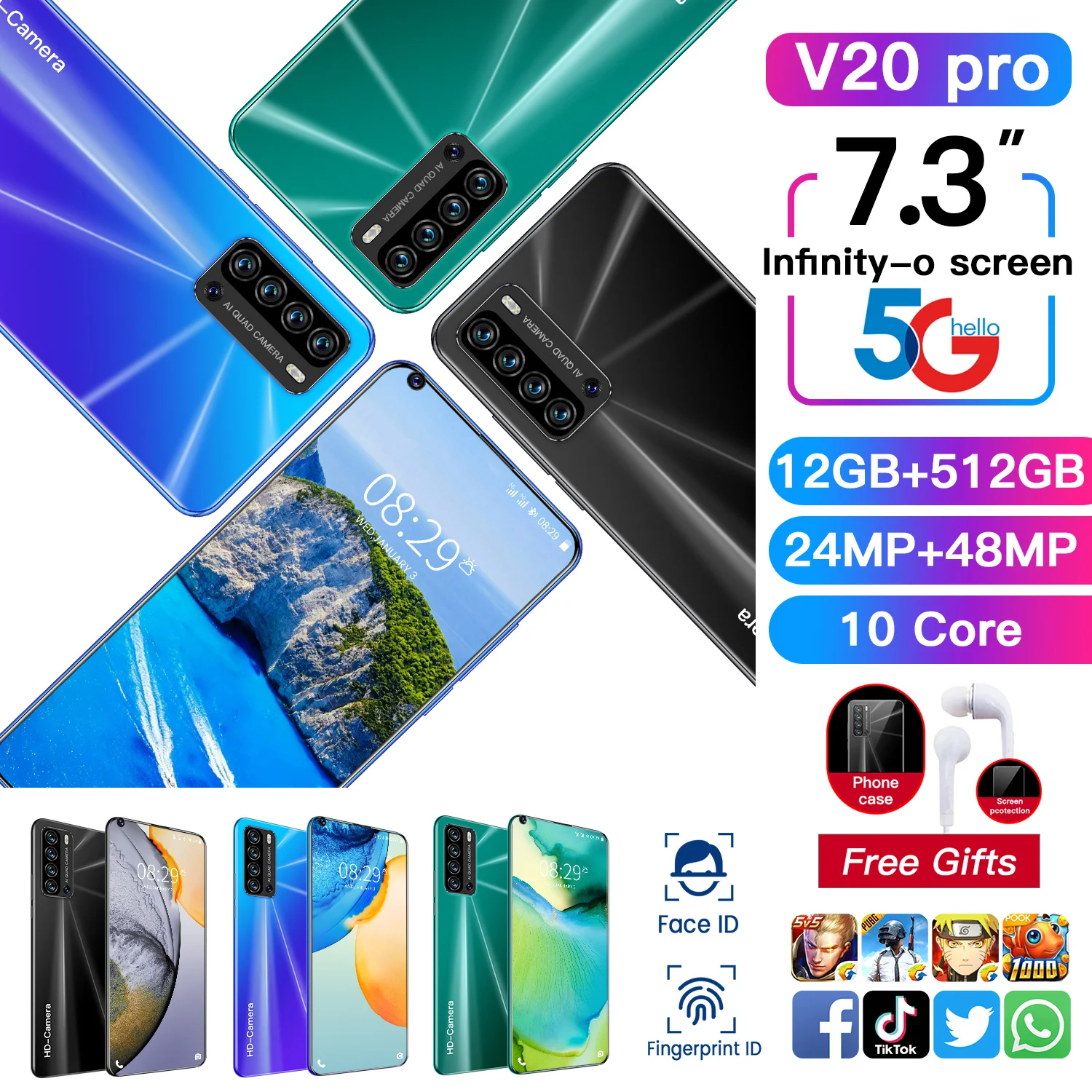 global version v20 pro smart camera face recognition fingerprint unlock phone 7 3 inch 5g 12gb512gb 5600mah free global shipping