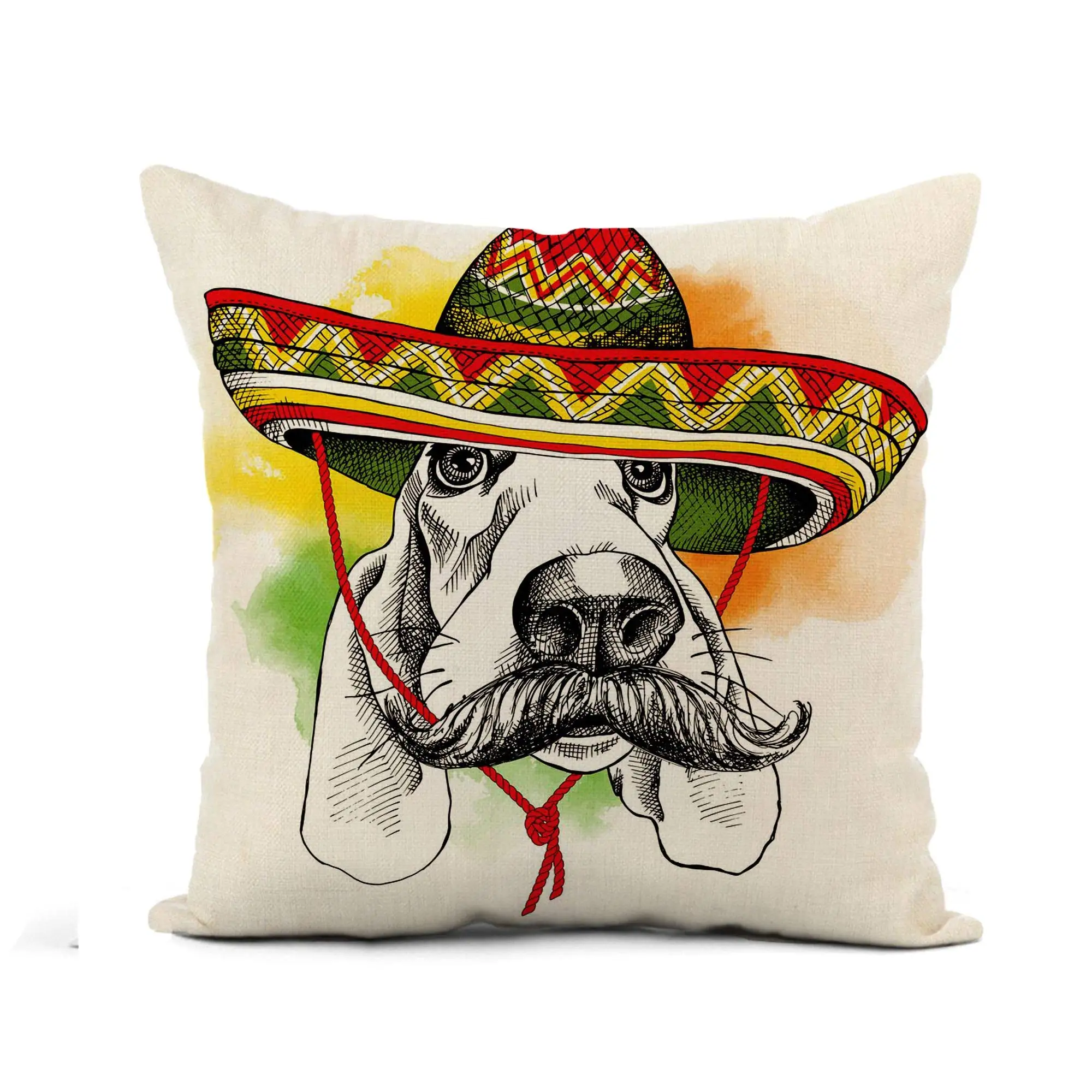 

Flax Throw Pillow Cover Cool Portrait of Dog Basset Hound Mustache in Mexico 16x16 Inches Pillowcase Home Decor Square Cotton
