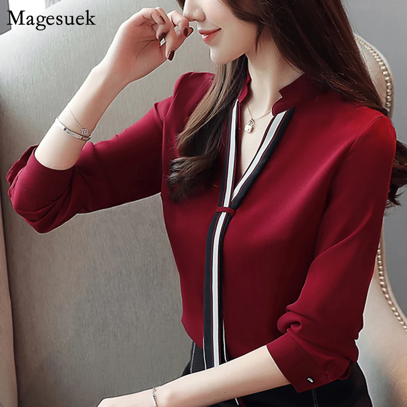 

Long Sleeve Chiffon Women Blouses V-Neck Pullover Solid Shirts Women Office Lady Casual Womens Blouses Blusas De Mujer 6469 50