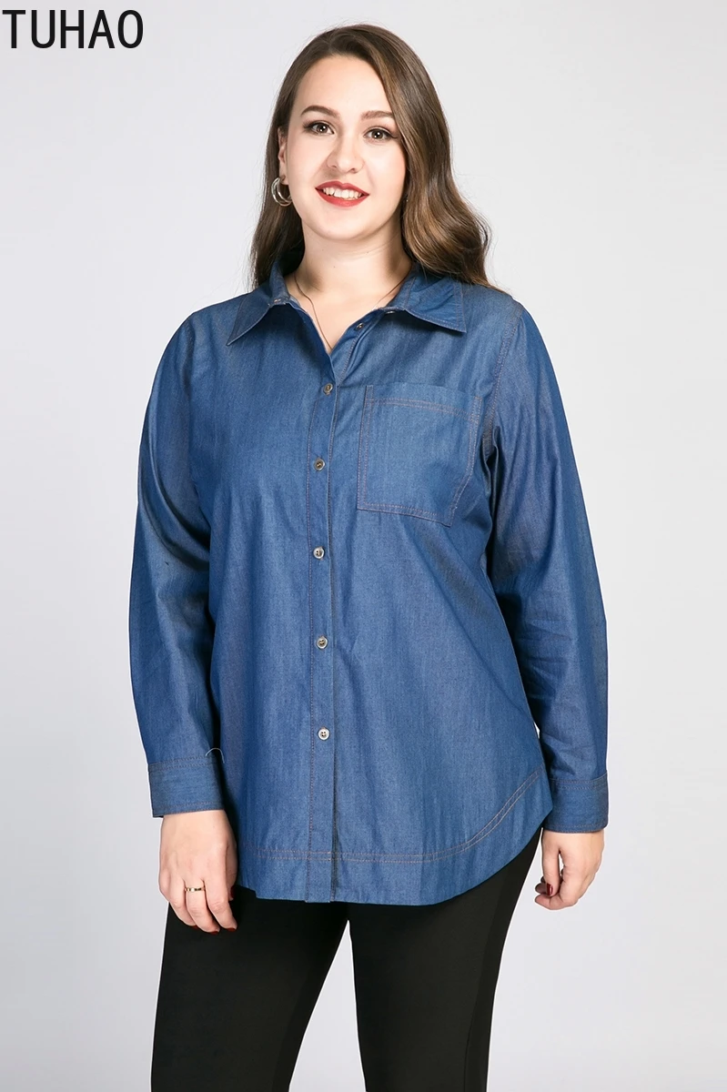 Женская джинсовая рубашка TUHAO голубая блузка с длинным рукавом 2020 8XL 7XL 6XL 5XL для