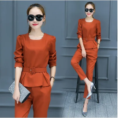 

Autumn outfit new suit fashion round collar top blouse slim pants two pcs clothing set women leisure clothes long sleeve belt