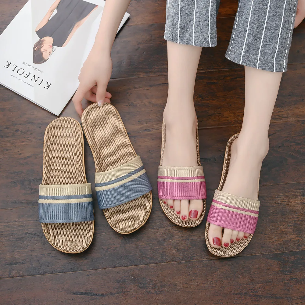 

Female Flax Slippers Lovers Fashion Home Slides Breathable Anti-slip Indoor Flat Shoes Woman Men House Floor Slipper SH021403