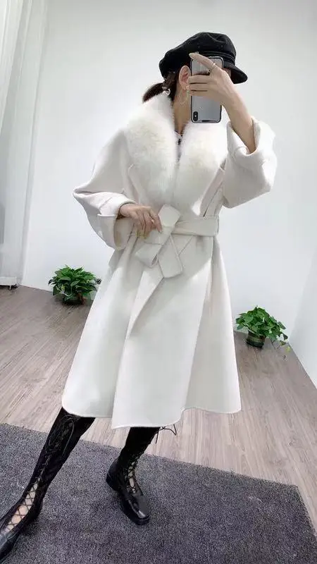 OFTBUY пальто с натуральным мехом, зимняя женская куртка, воротник из натурального Лисьего меха, кашемировая шерсть, Длинная Верхняя одежда с поясом, женская уличная одежда - Цвет: white